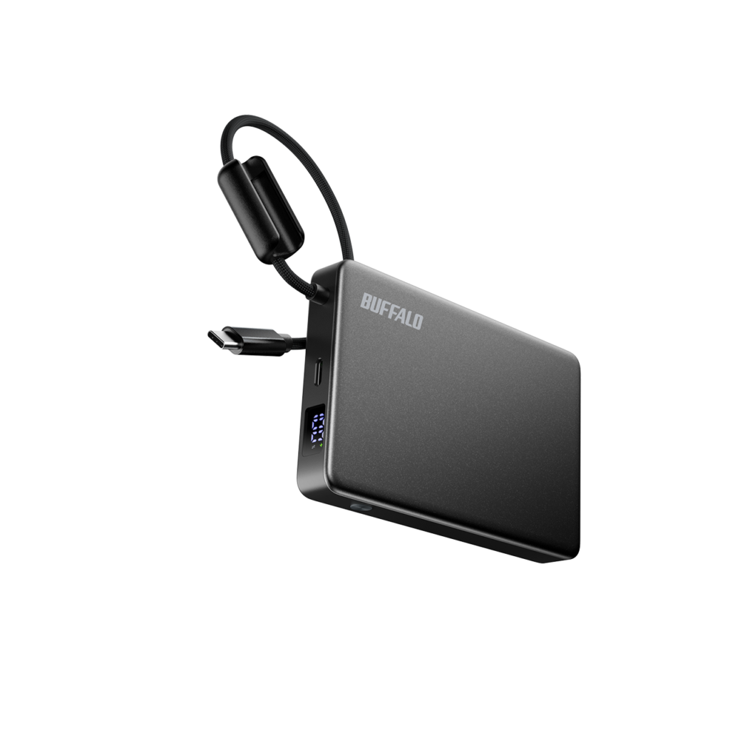 短いUSB-C一体型ケーブルと数値式残量表示を備えたバッファロー BMPBSA10000BKX