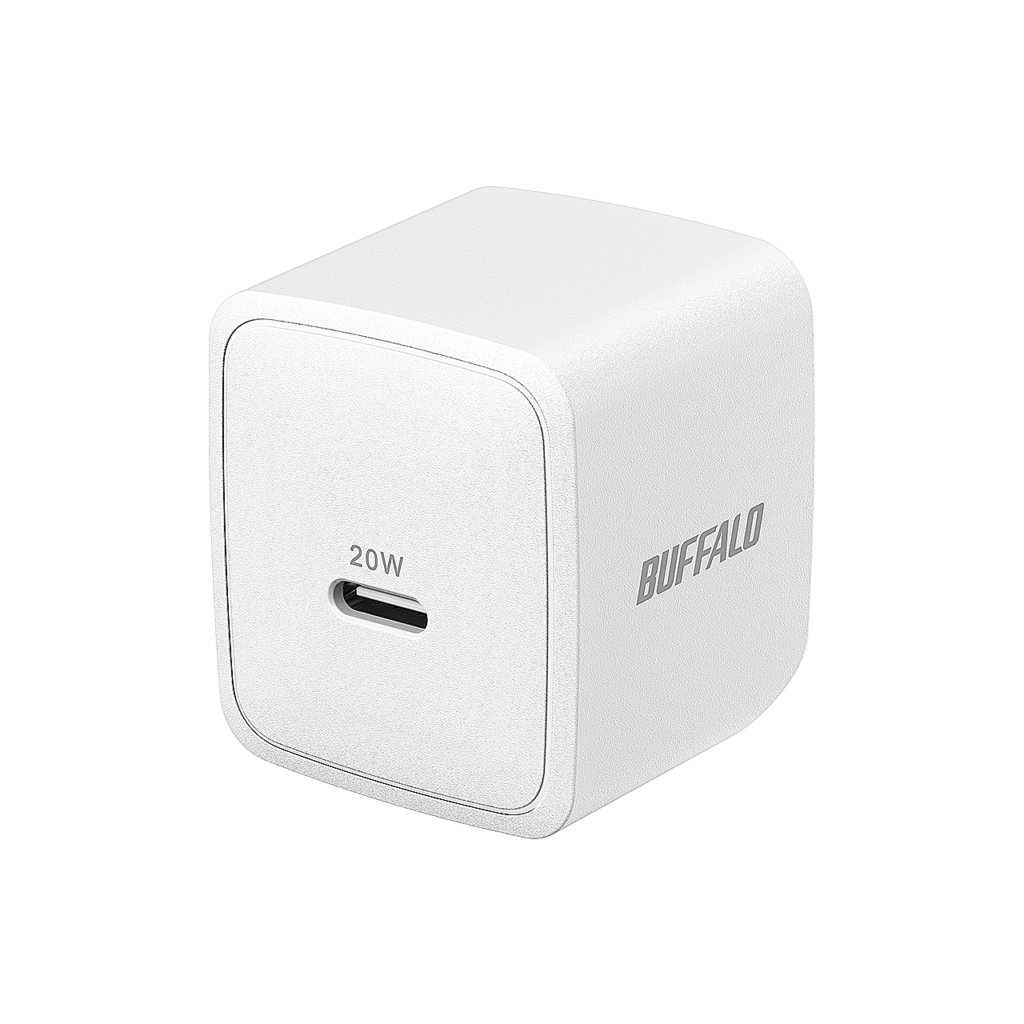 USB-C端子と折りたたみプラグが見える白いバッファロー BSACPD2005C1WH