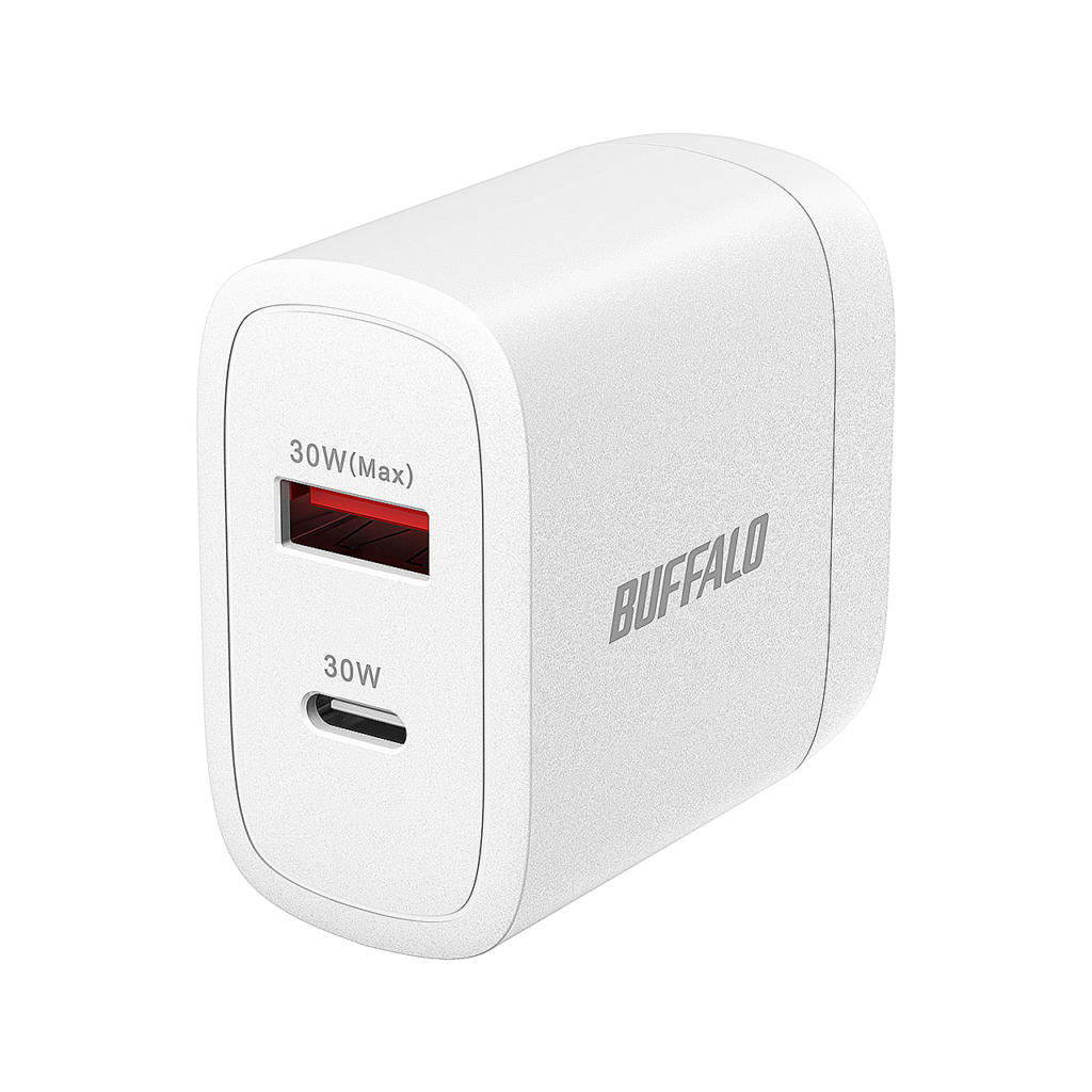 USB-CとUSB-A端子が見える白いバッファロー BSACPD3005C2WH