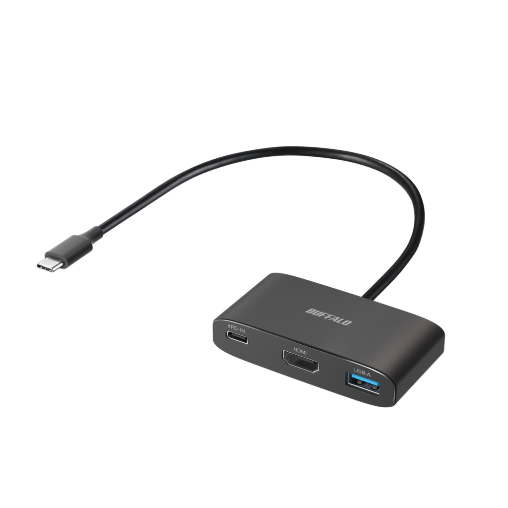 USB-C端子、USB-A端子、HDMI端子が見える黒いバッファロー BSH3U330C1PBK