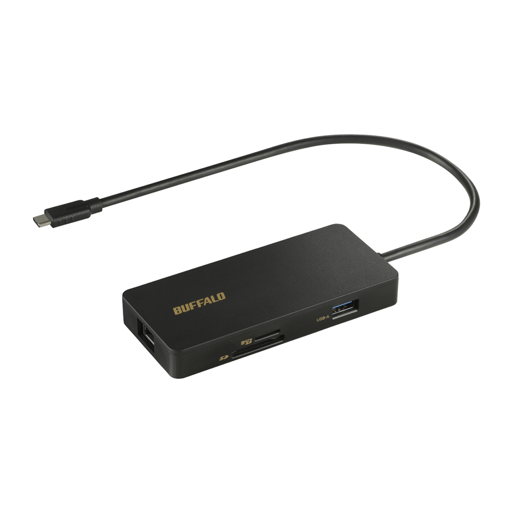 USB-A端子とSD・microSDカードスロットが見える黒いバッファロー LUD-U3-CGCBK