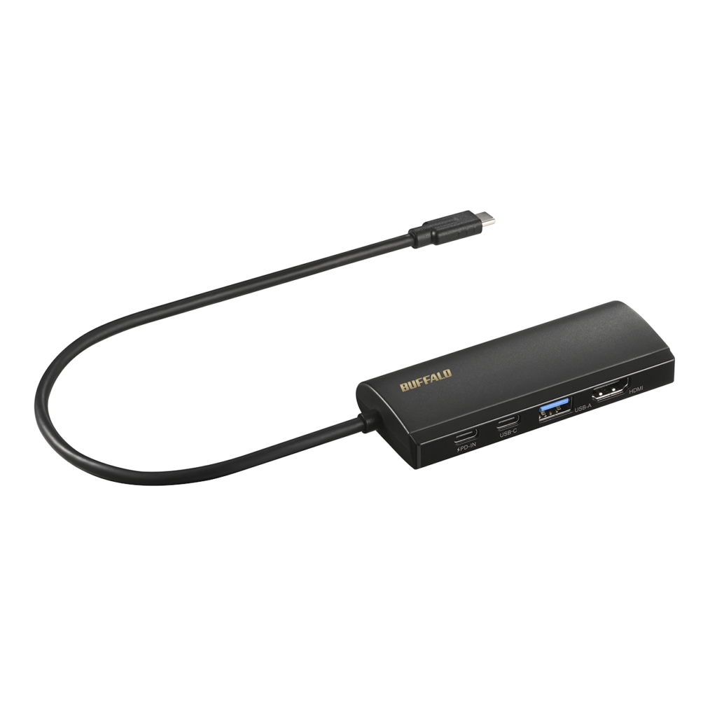 PD入力、USB-C、USB-A、HDMI端子が見える黒いバッファロー LUD-U3-CGHDBK