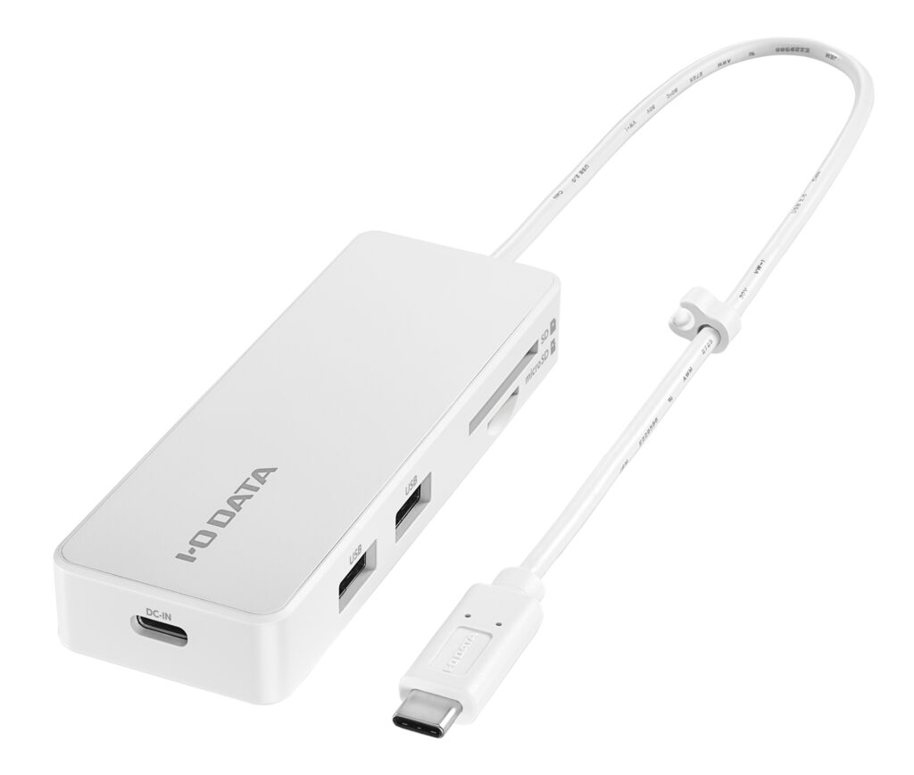 USB-A端子とSD・microSDカードスロットを備えた白いアイ・オー・データ US2C-HB2/PD