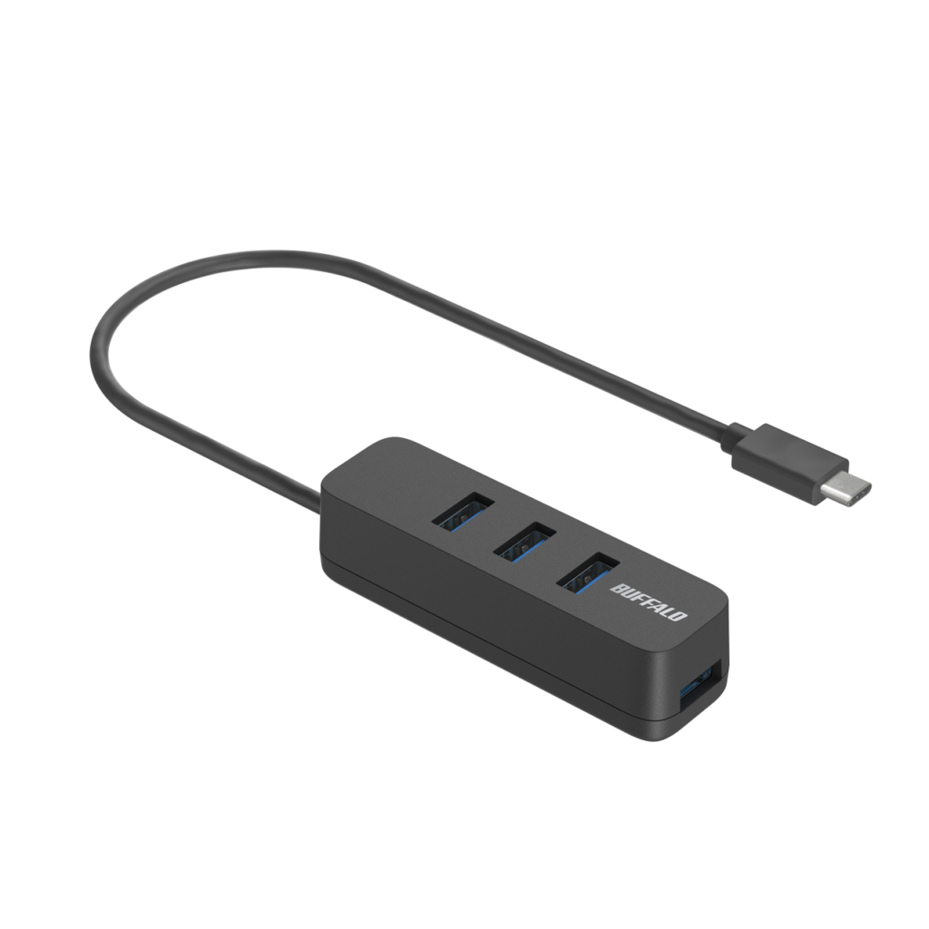 USB Type-A端子を4口備えたマグネット付きの黒いバッファロー BSH4U320C1BK