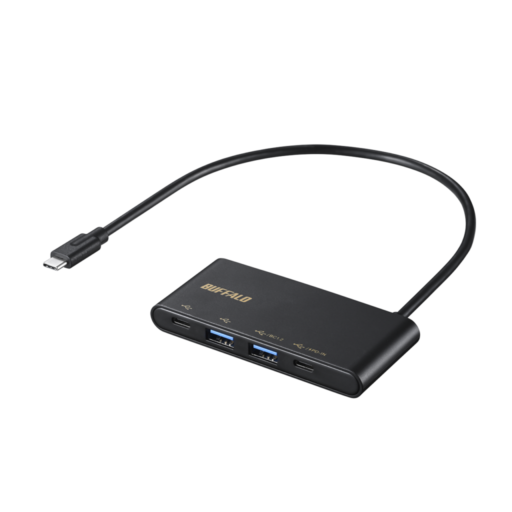 USB-C端子とUSB-A端子を合計4口備えた黒いバッファロー BSH4U500C1PBK