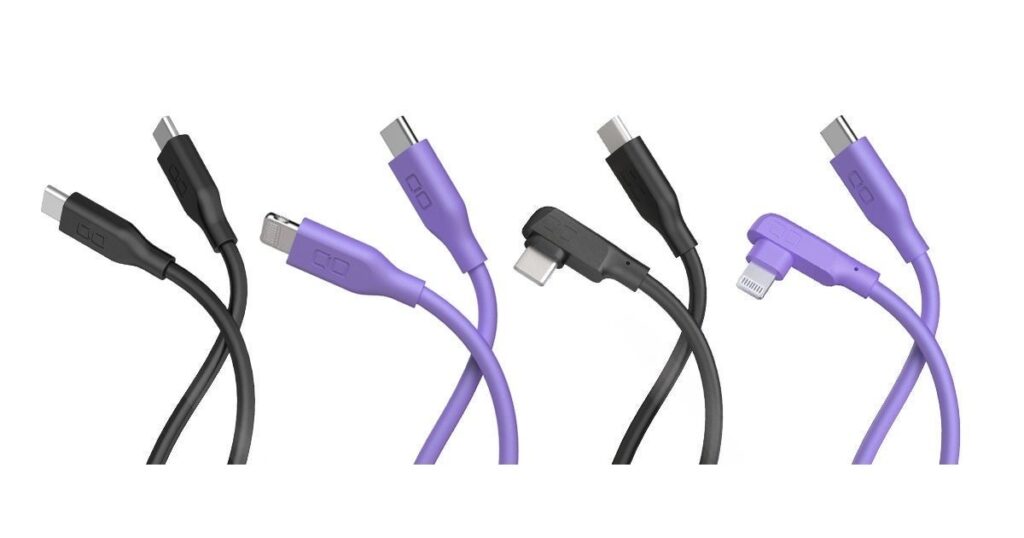 CIOの黒いストレートUSB-CケーブルとL字ケーブルなど4種を並べた公式プレス画像
