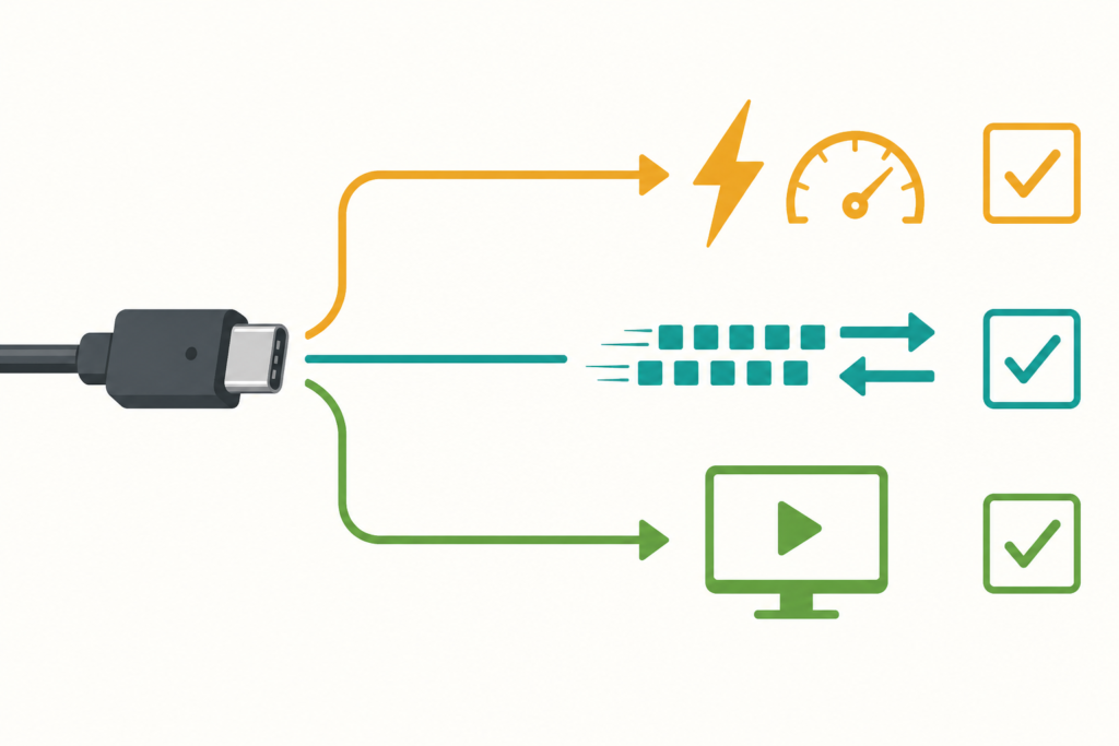 USB-Cケーブルの充電W数、データ速度、映像出力を別々に確認する3つの軸