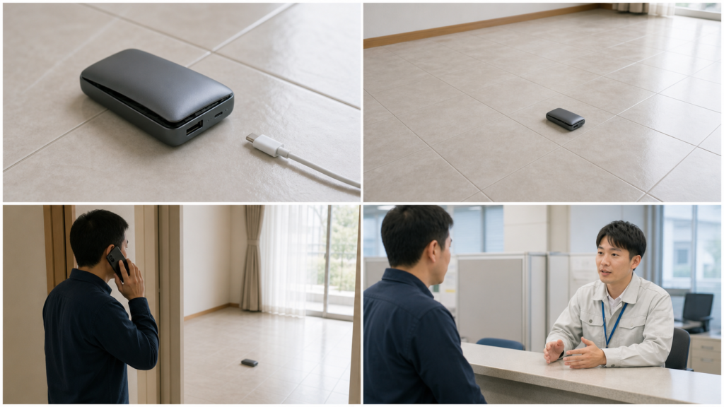 膨張したモバイルバッテリーから距離を取り、電話と窓口で相談する4場面