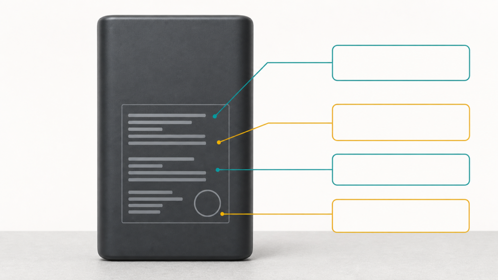 モバイルバッテリー本体の表示を4か所確認する図