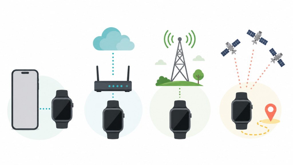 Bluetooth、Wi-Fi、LTE、GPSがそれぞれ異なる接続と位置測位の役割を持つ概念図